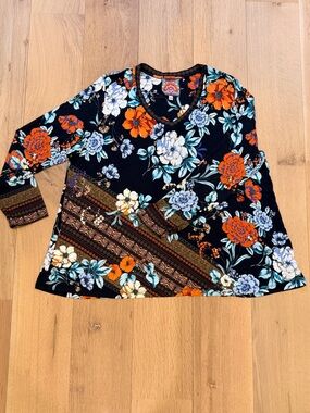 Johnny Was Los Angeles Floral Tunic Top 2X Boho V-Neck Border Print